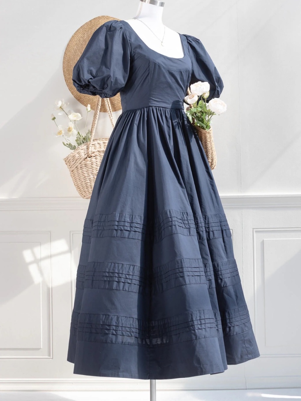 Square Neck Navy Midi Dress with Puff Sleeves